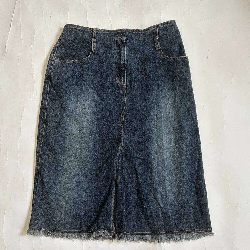 Willi Smith Dark Wash Stretch Denim Jean Pencil Midi Skirt raw hem Size 8 25"